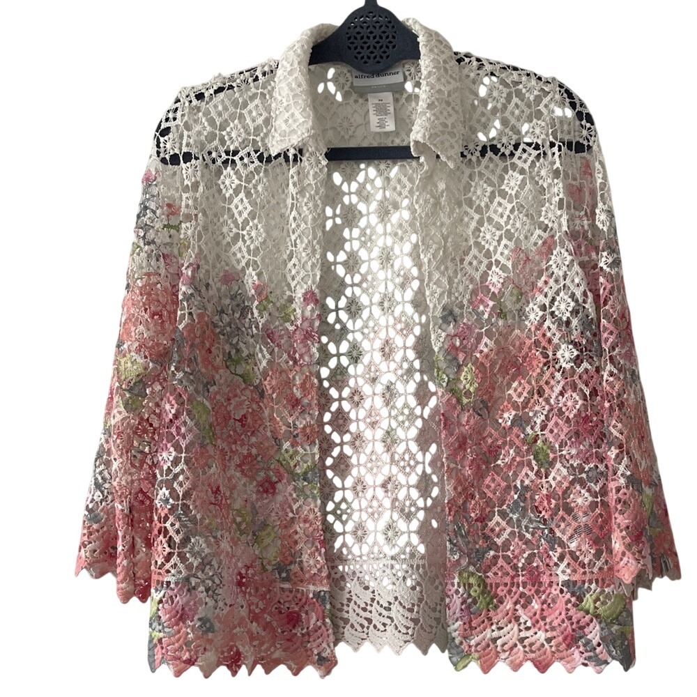Alfred Dunner White Pink‎ Open Lace Cardigan Petite Small